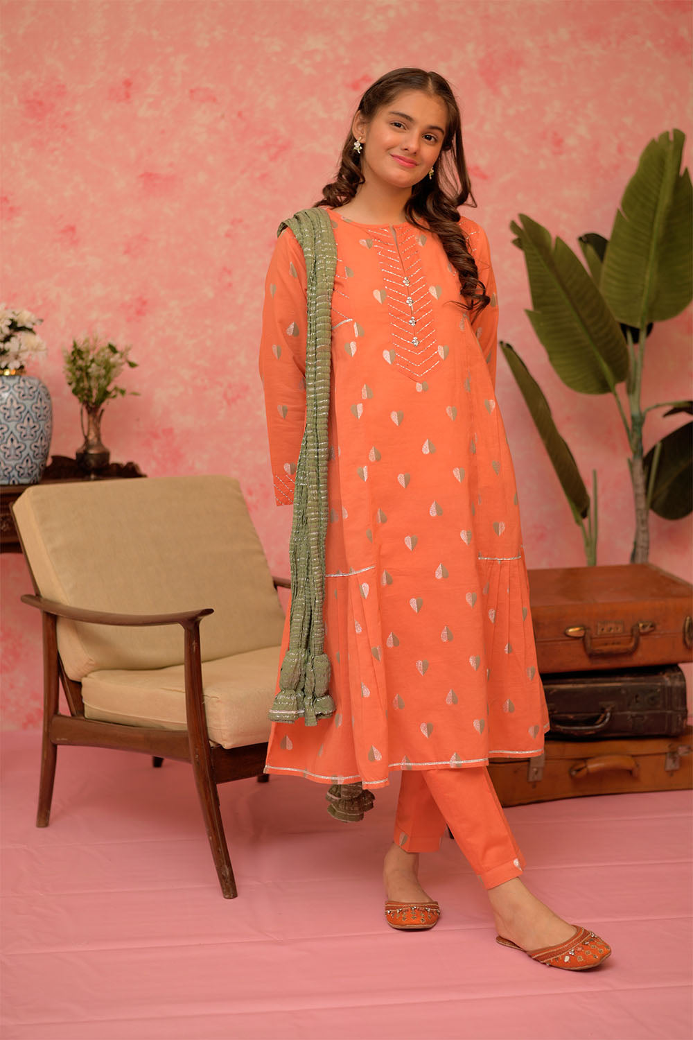 SN-02962 | Orange & Multicolor | Casual Plus 3 Piece Suit | Cotton Jacquard