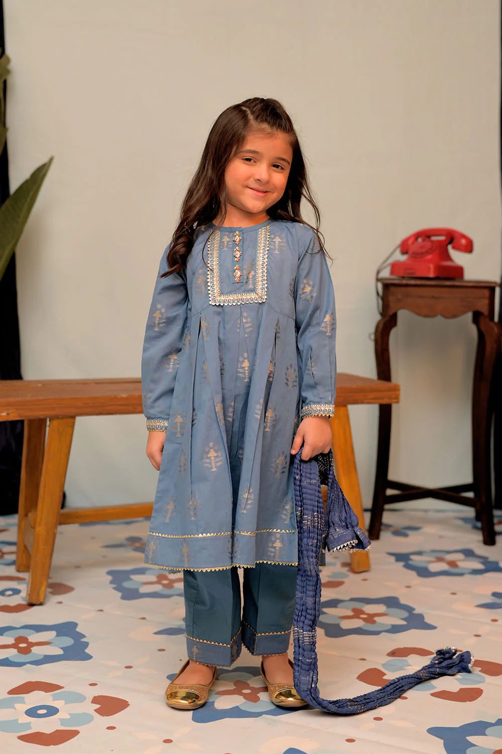 SN-02857 | Blue & Gold | Casual Plus 3 Piece Suit | Cotton Jacquard