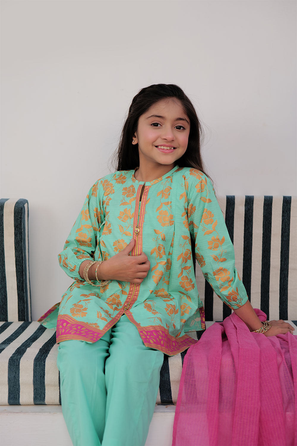 SN-02979 | Sea Green & Gold | Casual Plus 3 Piece Suit | Cotton Dobby Gold Print