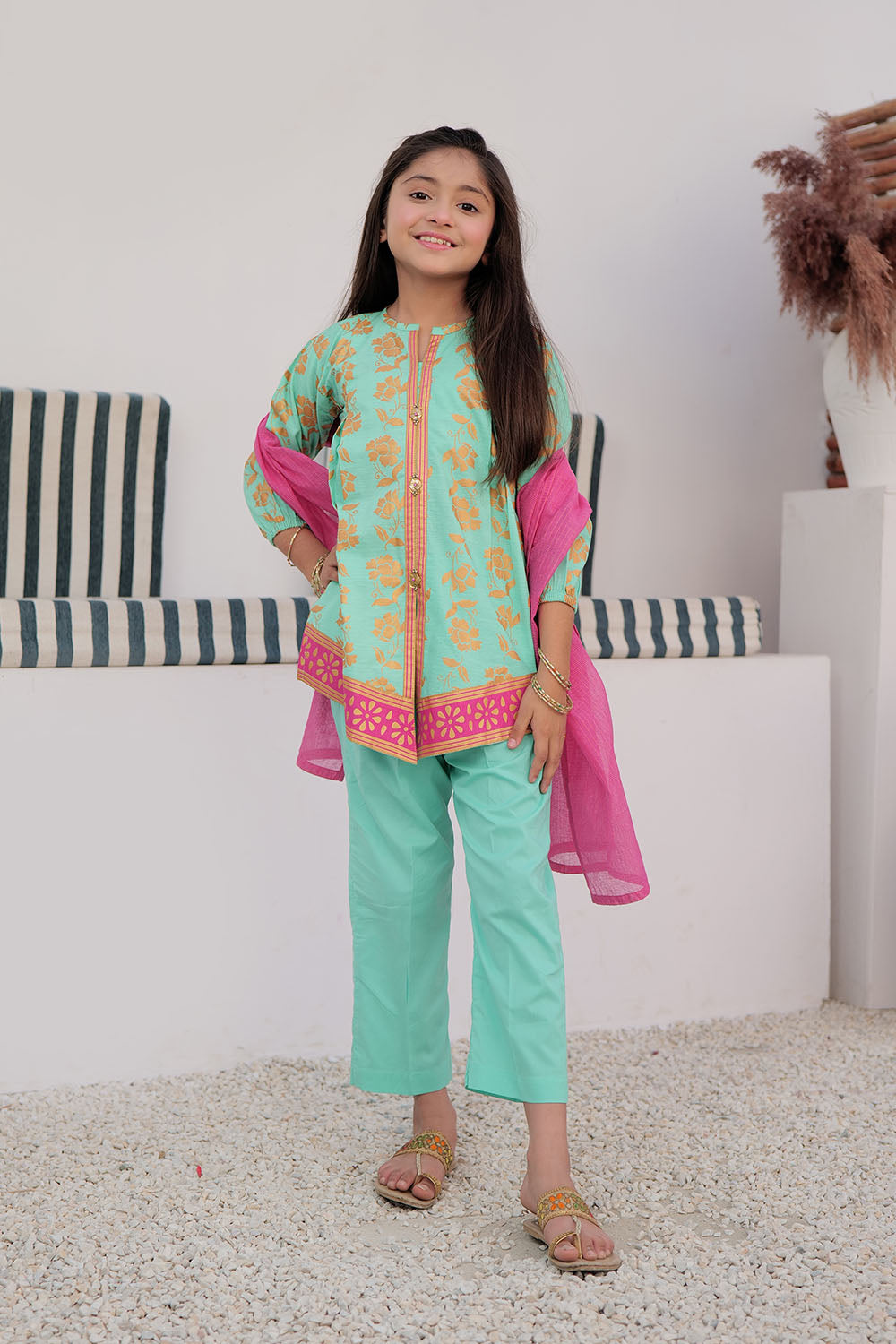 SN-02979 | Sea Green & Gold | Casual Plus 3 Piece Suit | Cotton Dobby Gold Print