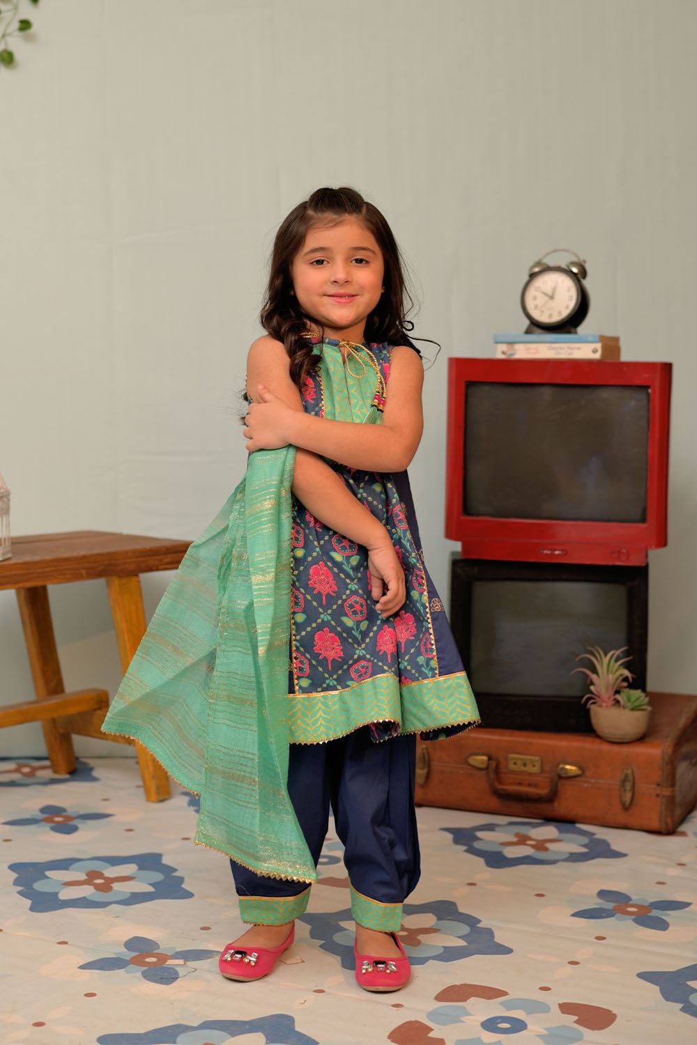 SN-02955 | Blue & Multicolor | Casual Plus 3 Piece Suit | Cotton Gold Lawn Print