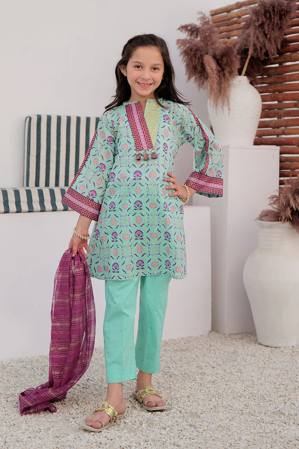 SN-03023 | Light Sea Green | Casual Plus 3 Piece Suit | Cotton Gold Printed