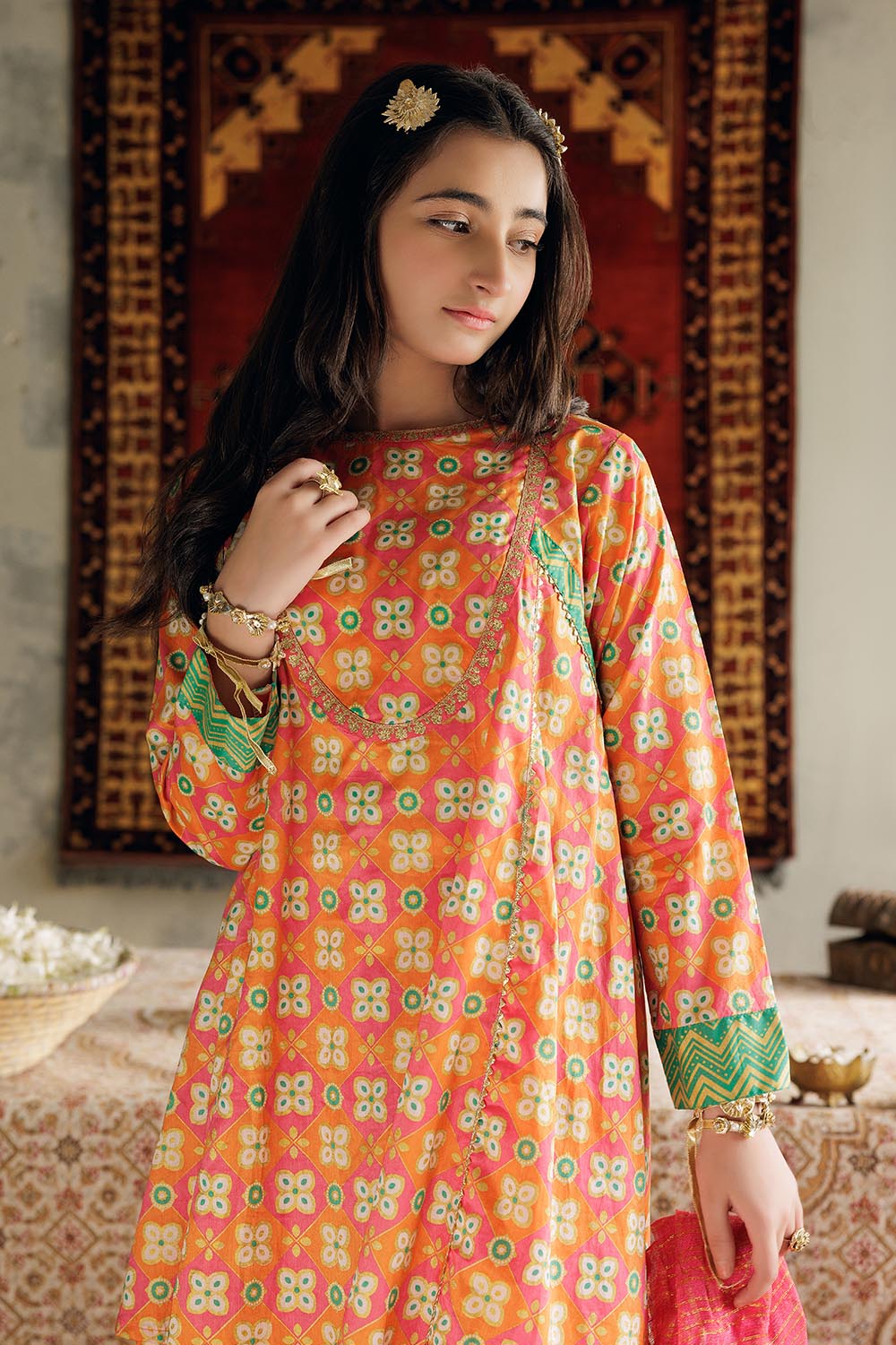 SN-02983 | Multicolor & Gold | Casual Plus 3 Piece Suit | Cotton Gold Printed