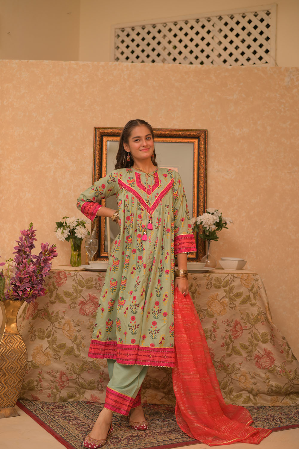 SN-17672 | Light Green & Multicolor | Casual Plus 3 Piece Suit | Cotton Gold Printed