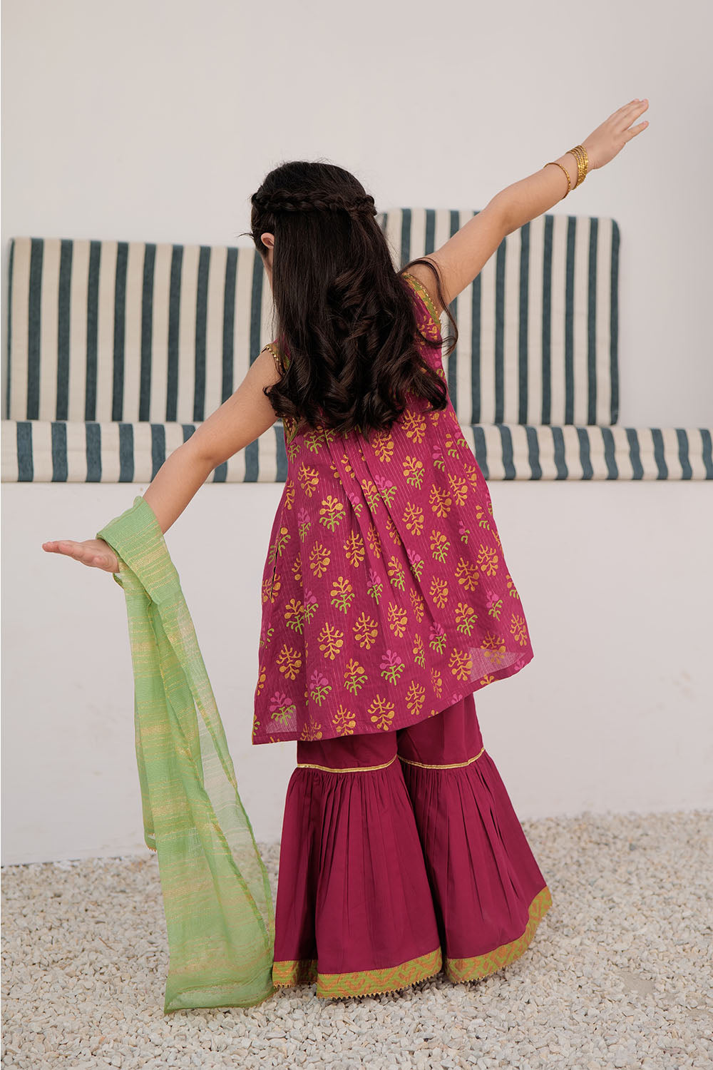 SN-03001 | Magenta & Multicolor | Casual Plus 3 Piece Suit | Cotton Dobby  Dye over Gold Print