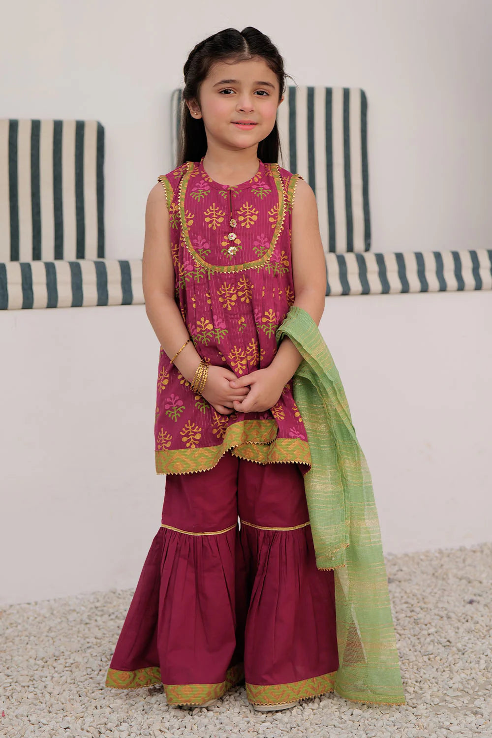 SN-03001 | Magenta & Multicolor | Casual Plus 3 Piece Suit | Cotton Dobby  Dye over Gold Print