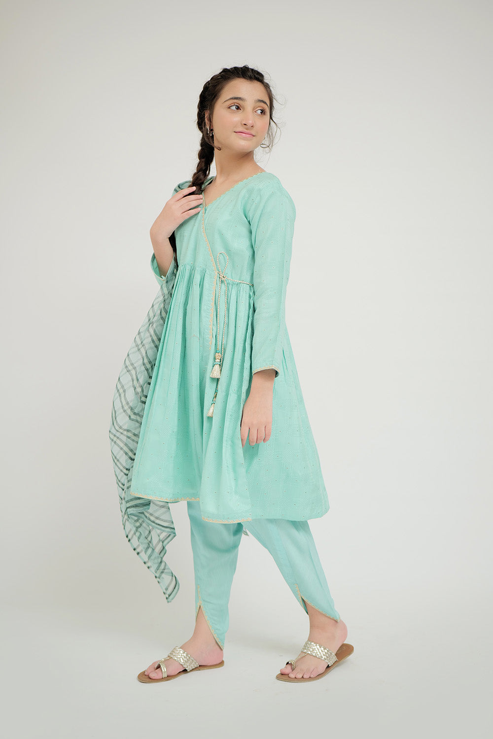 SN-02666 | Sea Green & Gold | Casual Plus 3 Piece Suit | Viscose Jacquard Flament