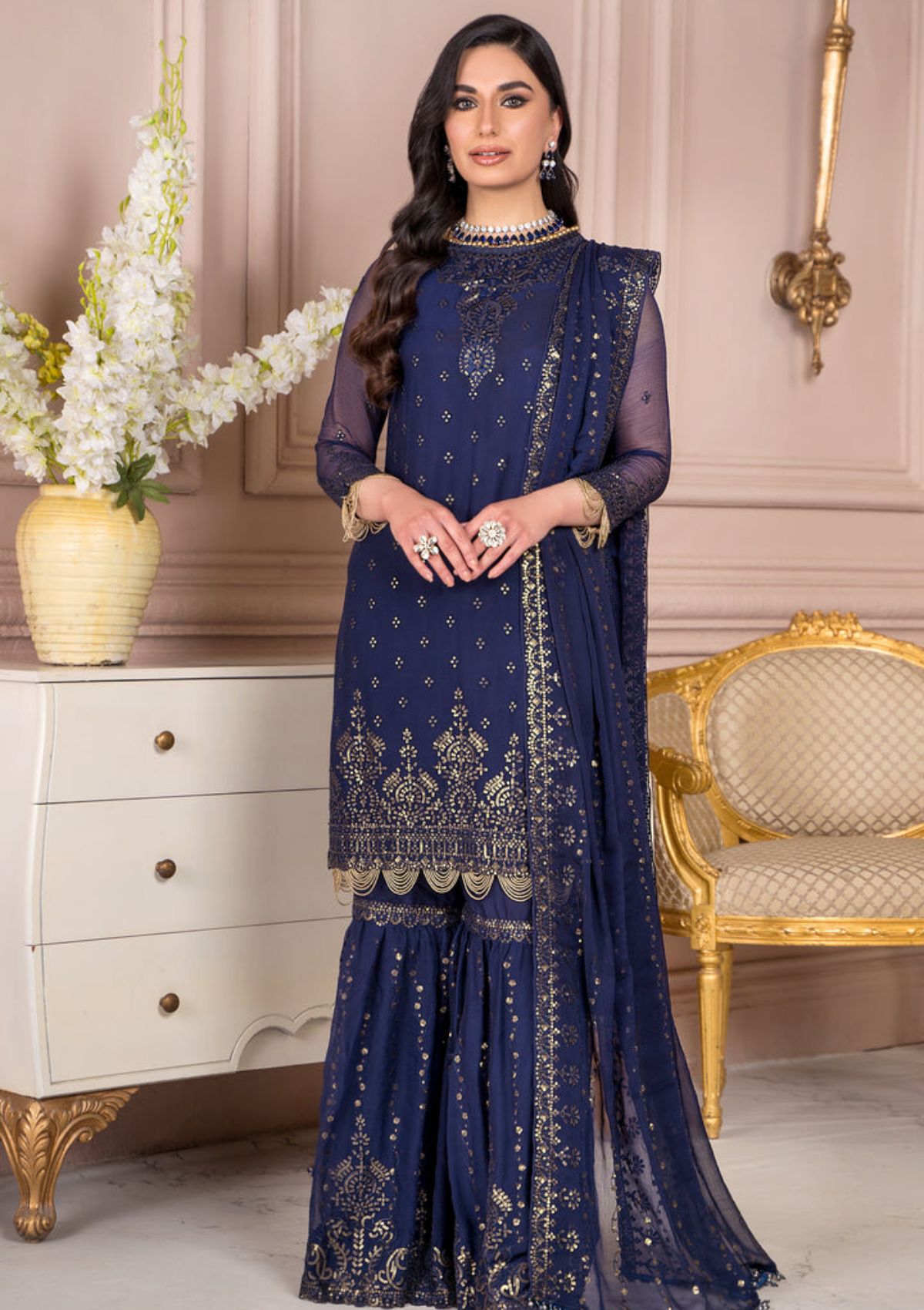 Zarif Embroidered Raw Silk Unstitched 3Pc Suit ZA 05 admiral