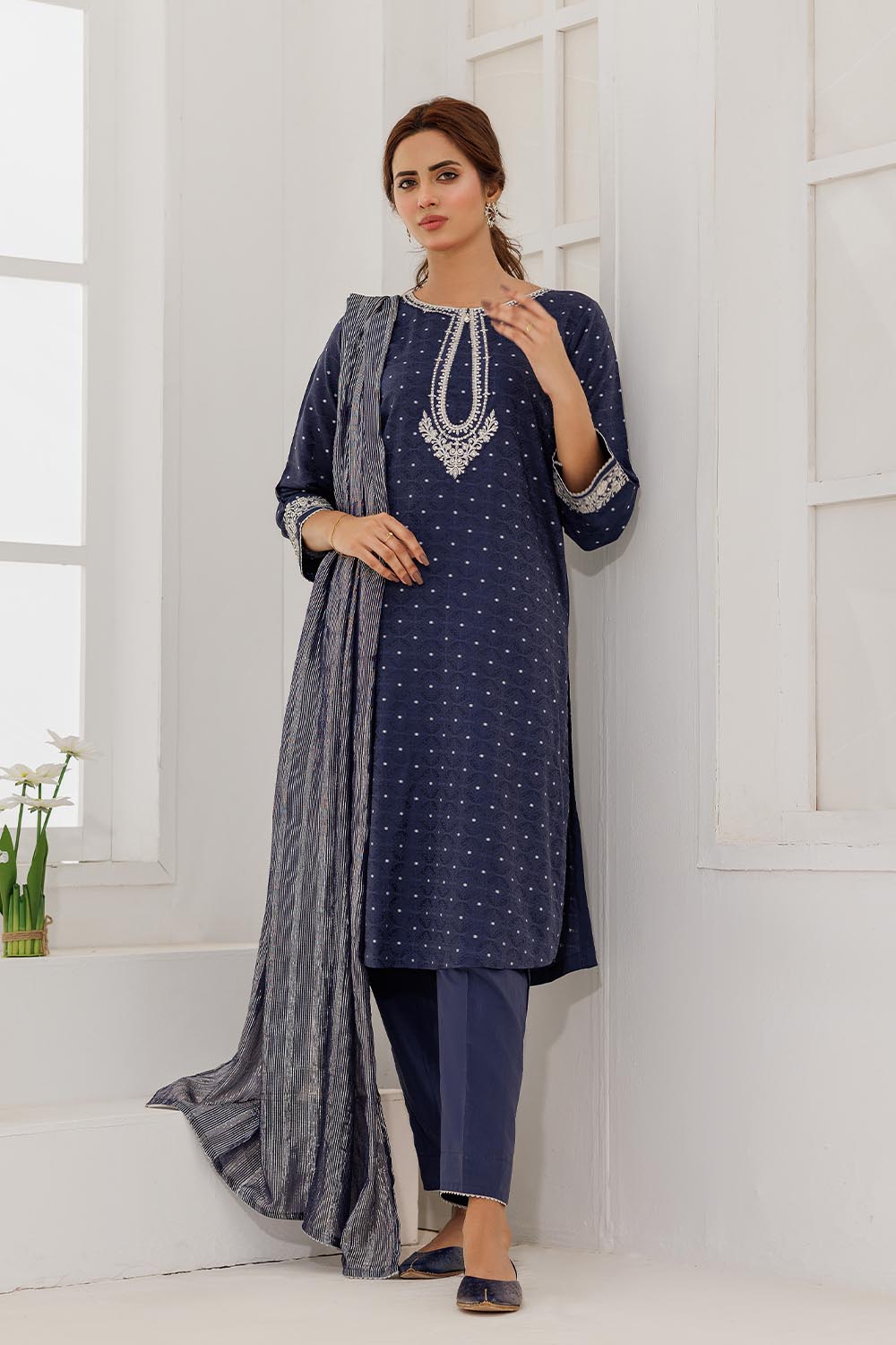 SN-Blue & Silver | Casual Plus 3 Piece Suit | Cotton Viscose Filament Jacquard