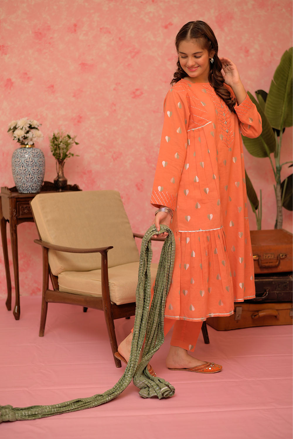 SN-02962 | Orange & Multicolor | Casual Plus 3 Piece Suit | Cotton Jacquard