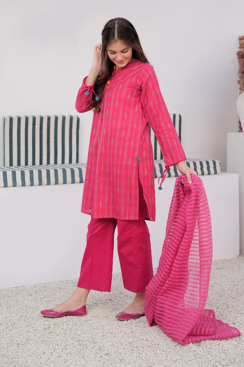 SN-02989 | Shocking Pink & Multicolor | Casual 3 Piece Suit | Cotton Yarn dyed Jacquard