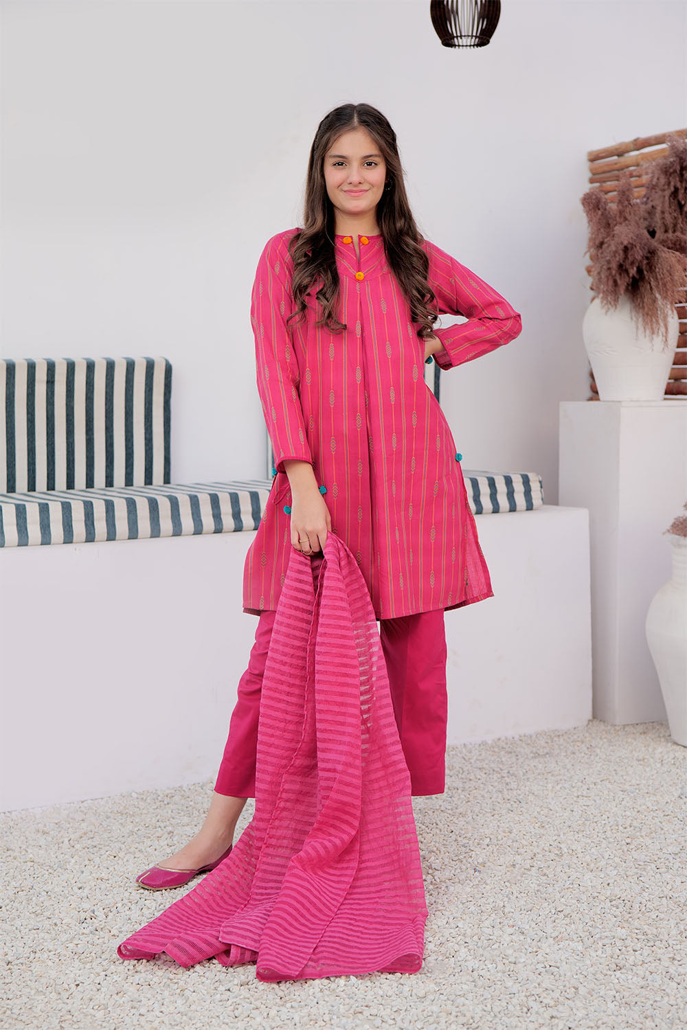SN-02989 | Shocking Pink & Multicolor | Casual 3 Piece Suit | Cotton Yarn dyed Jacquard