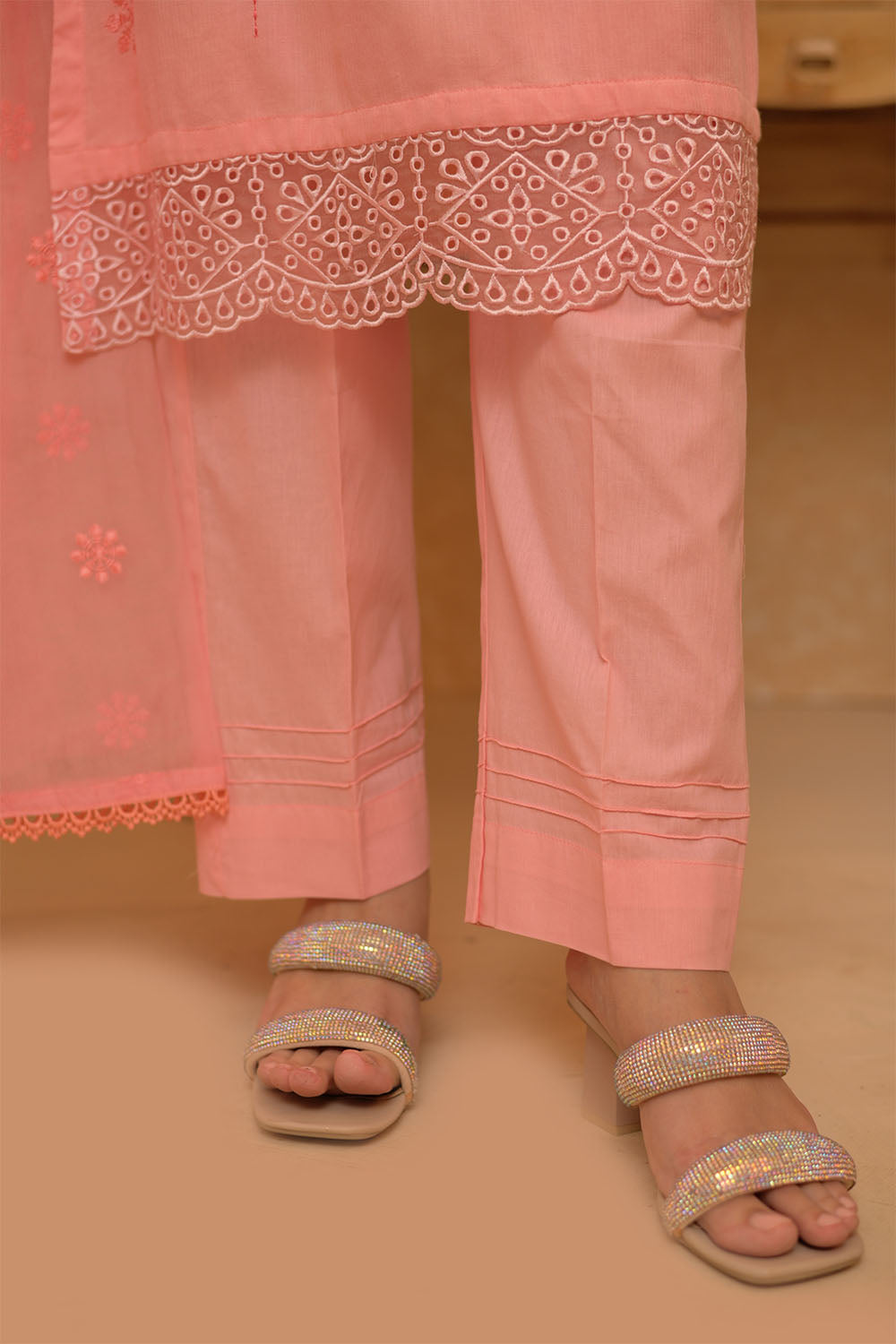 SN-02732 | Peach | Casual 3 Piece Suit | Cotton Self Dobby