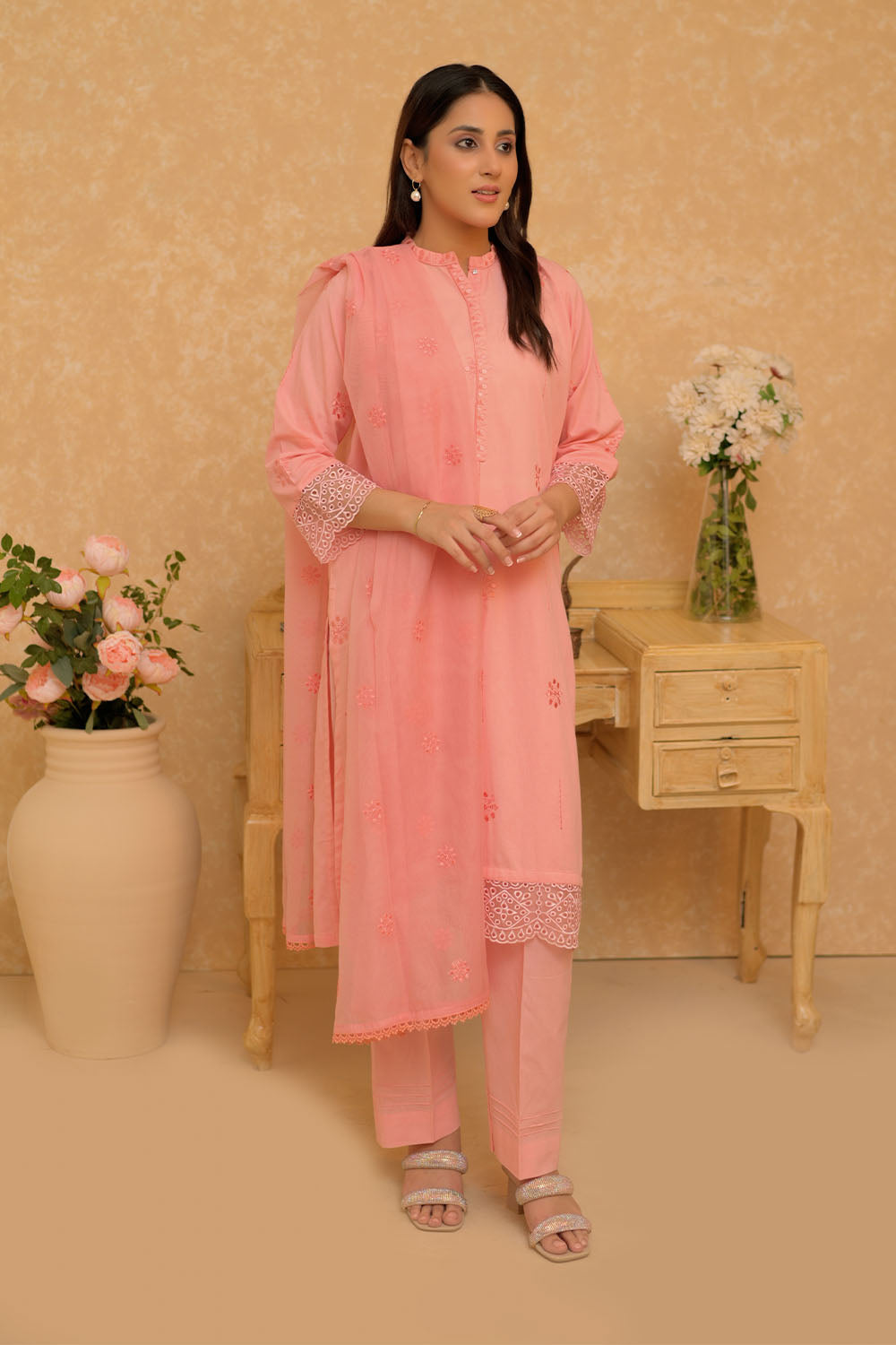 SN-02732 | Peach | Casual 3 Piece Suit | Cotton Self Dobby