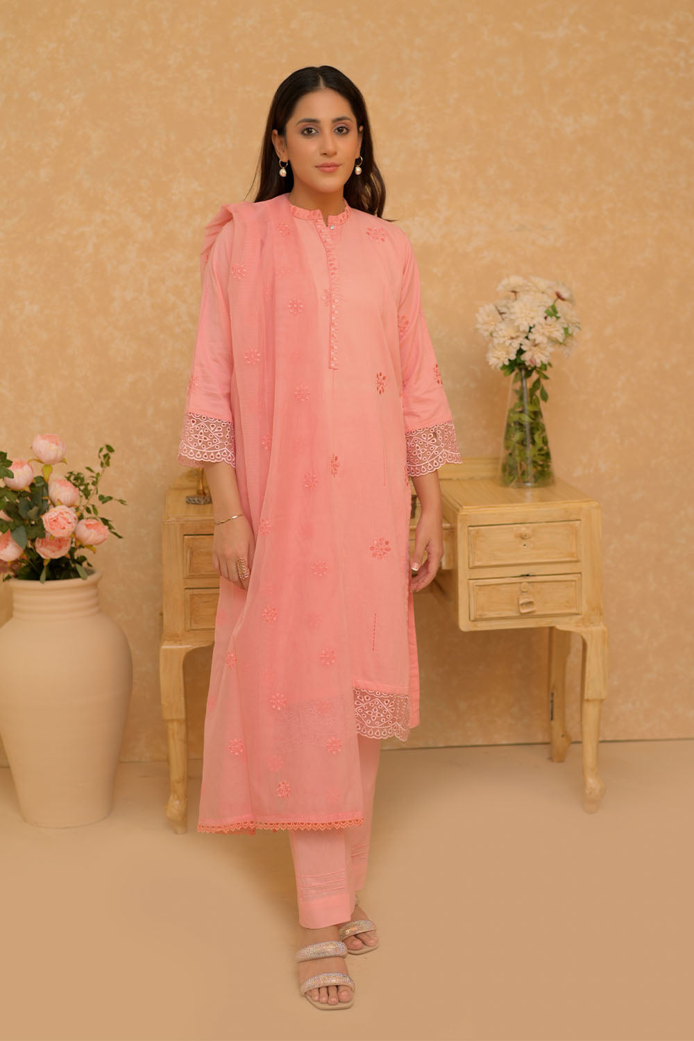 SN-02732 | Peach | Casual 3 Piece Suit | Cotton Self Dobby