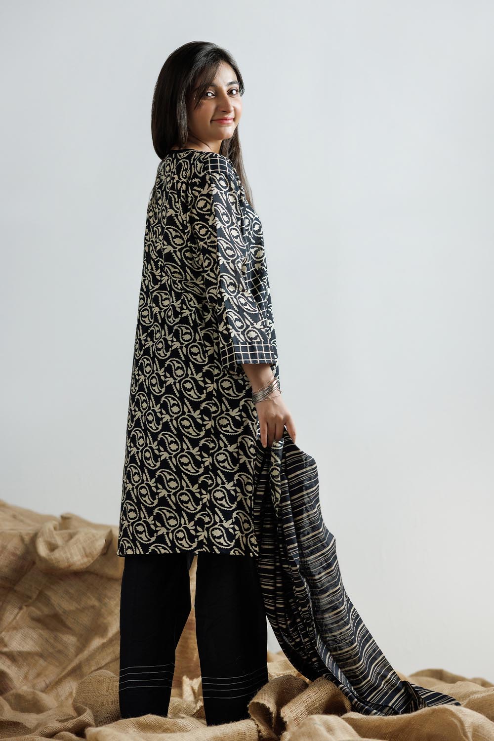 SENORITA GAD-03161 | Black & Fawn | Casual 3 Piece Suit | Cotton Lawn Printed
