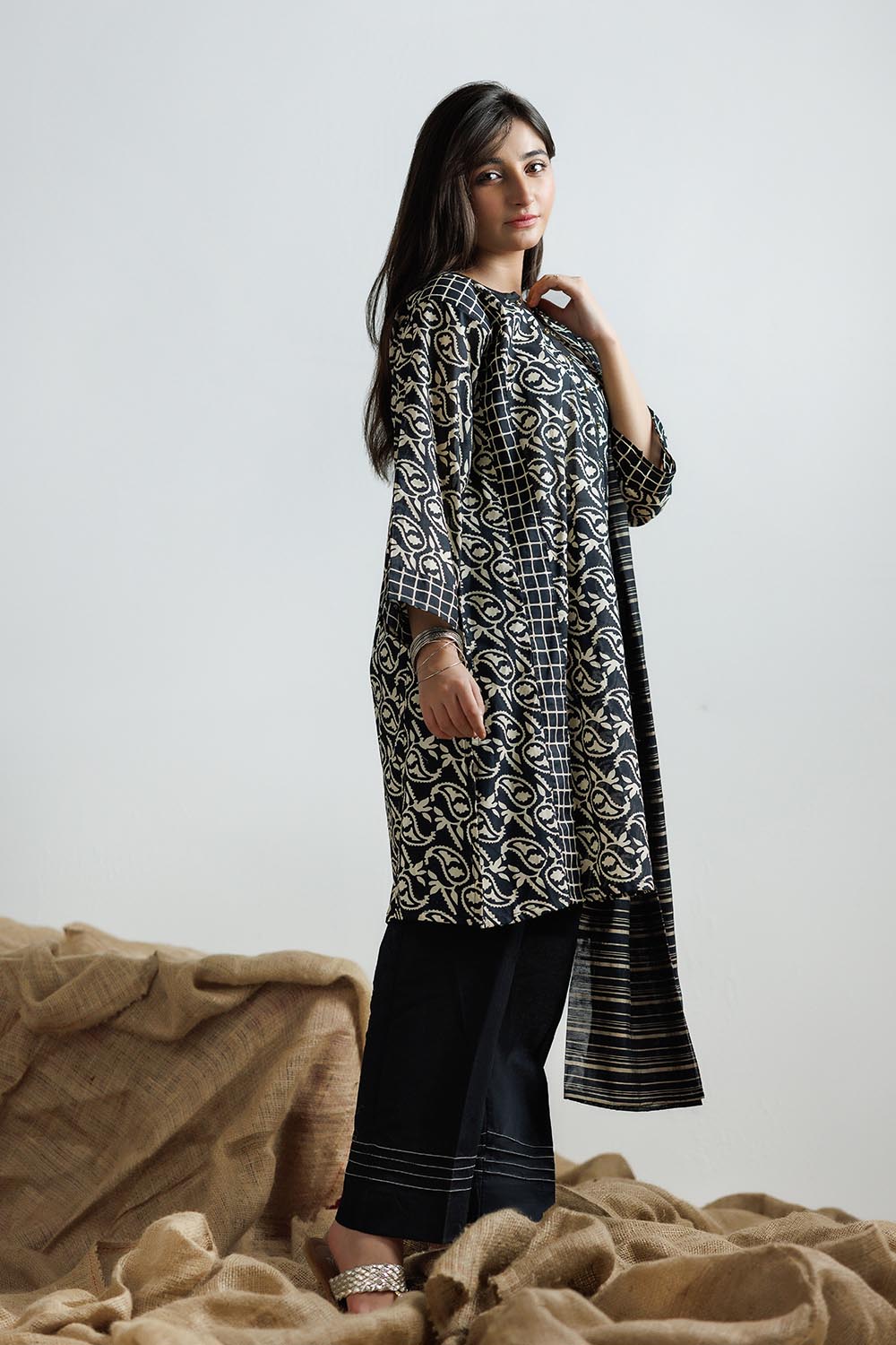 SENORITA GAD-03161 | Black & Fawn | Casual 3 Piece Suit | Cotton Lawn Printed