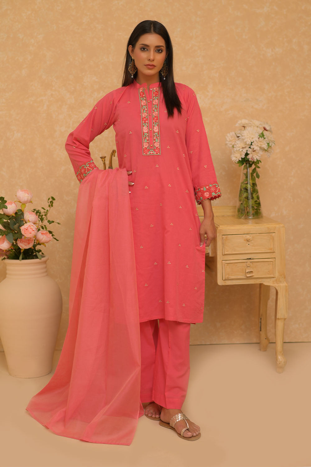SN-02798 | Dark Peach | Casual 3 Piece Suit | Cotton Dobby Self