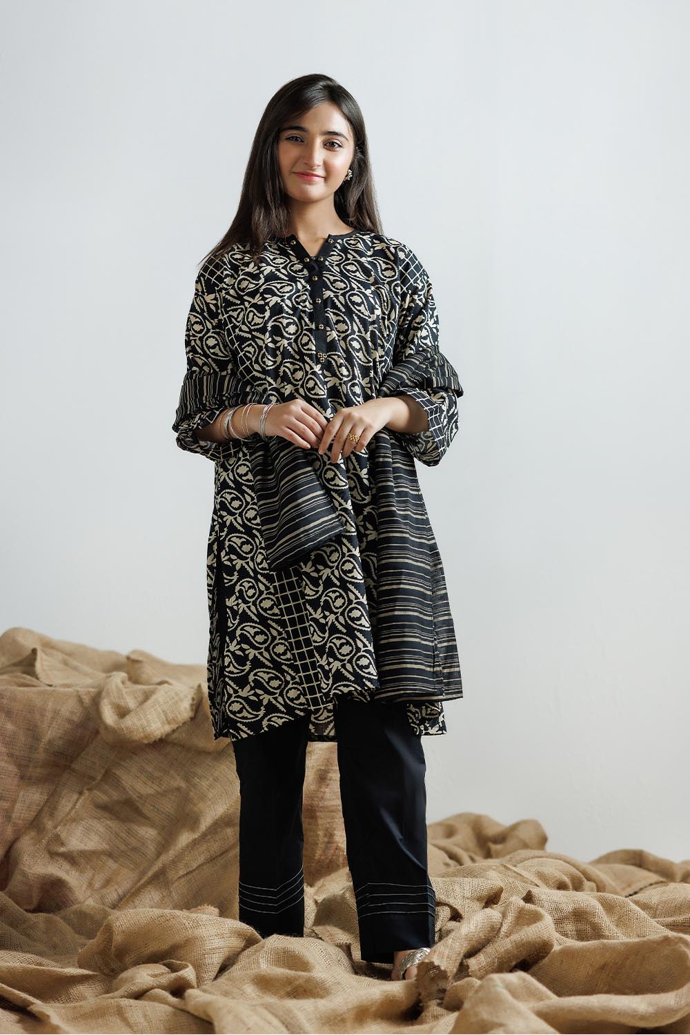 SENORITA GAD-03161 | Black & Fawn | Casual 3 Piece Suit | Cotton Lawn Printed