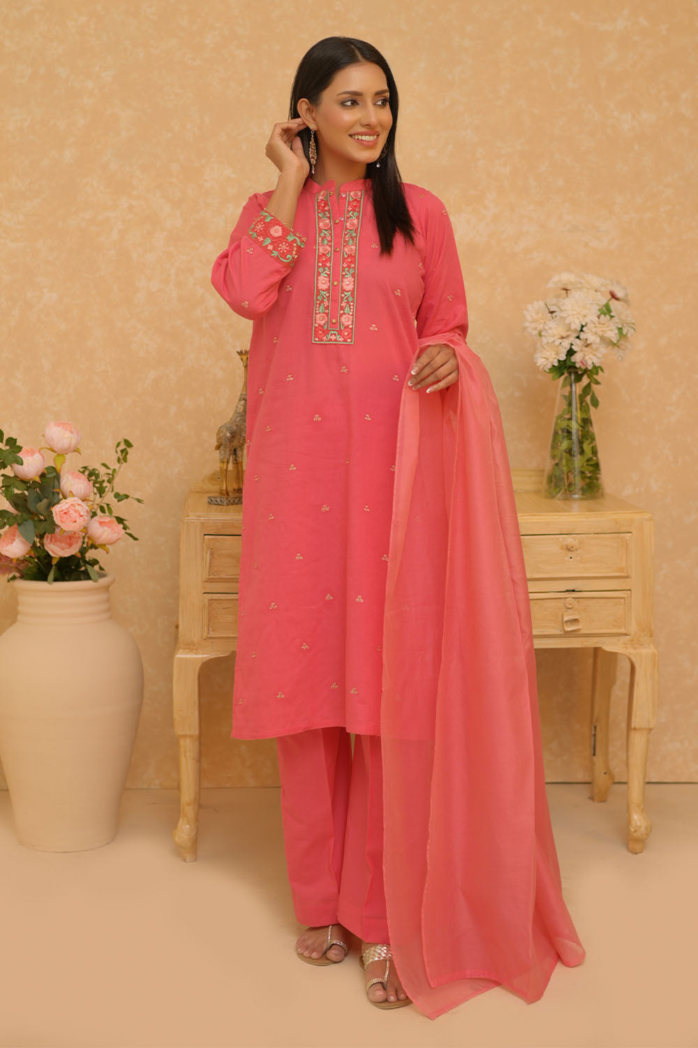 SN-02798 | Dark Peach | Casual 3 Piece Suit | Cotton Dobby Self