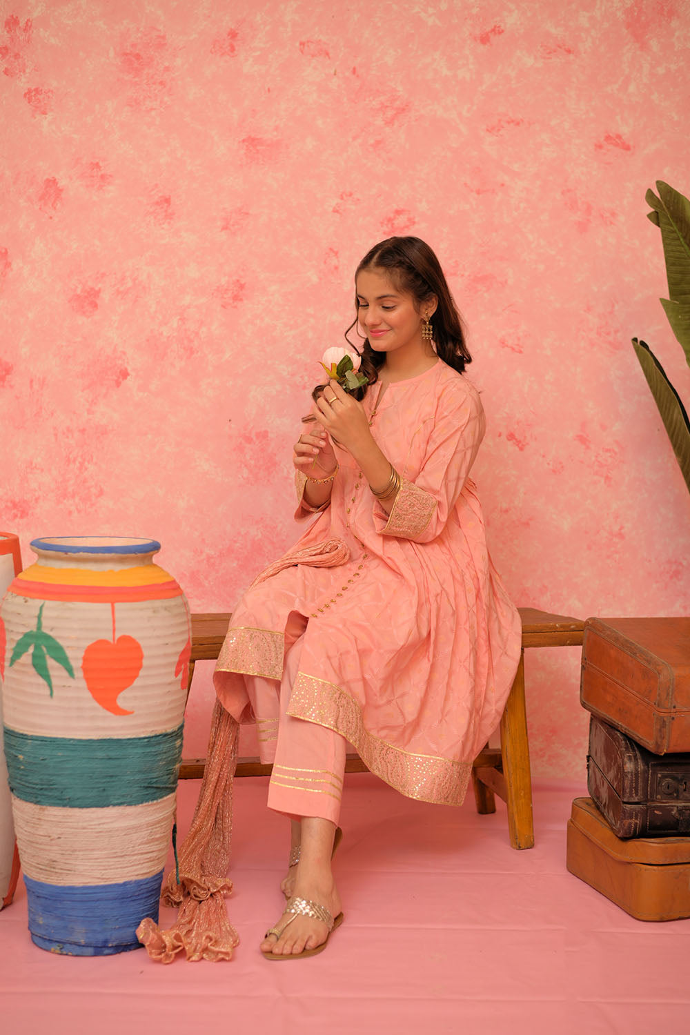 SN-02899 | Peach & Gold | Casual Plus 3 Piece Suit | Viscose Filament Jacquard