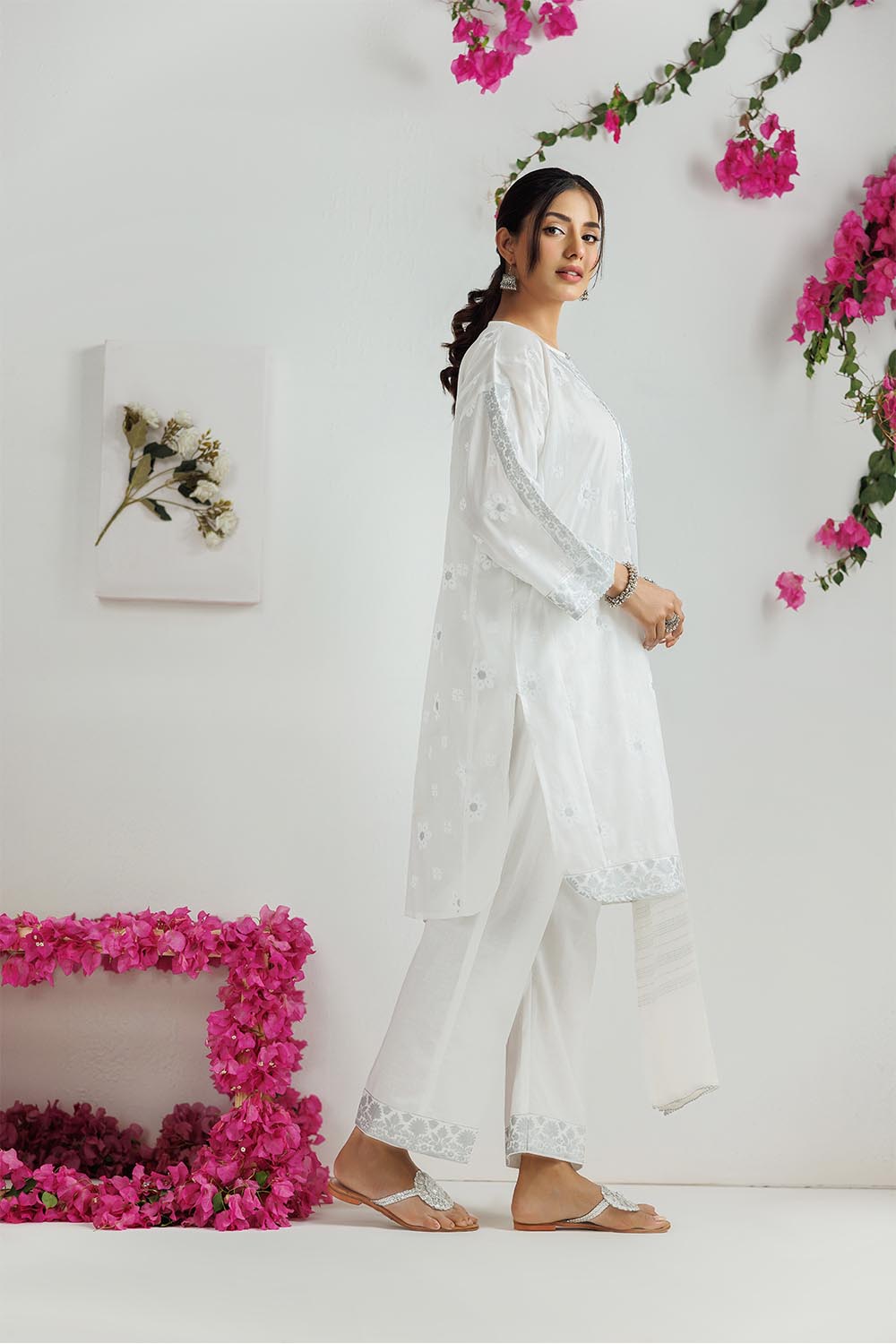 SN-  White & Silver | Casual 3 Piece Suit | Cotton Lawn Printed