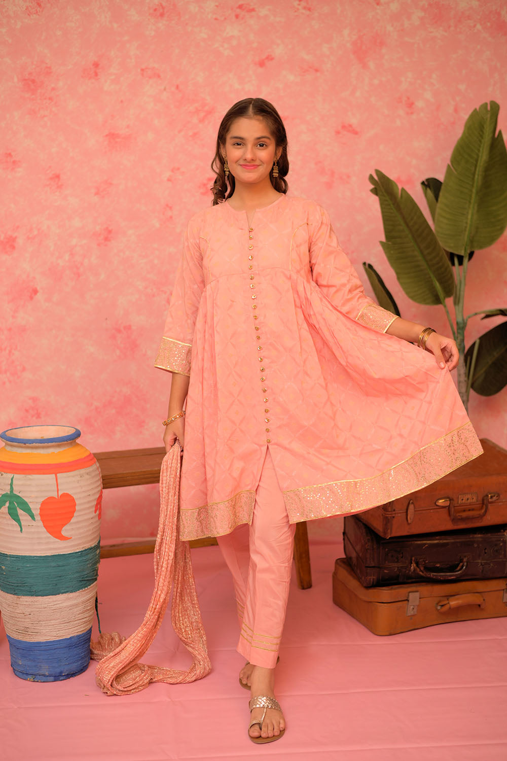 SN-02899 | Peach & Gold | Casual Plus 3 Piece Suit | Viscose Filament Jacquard