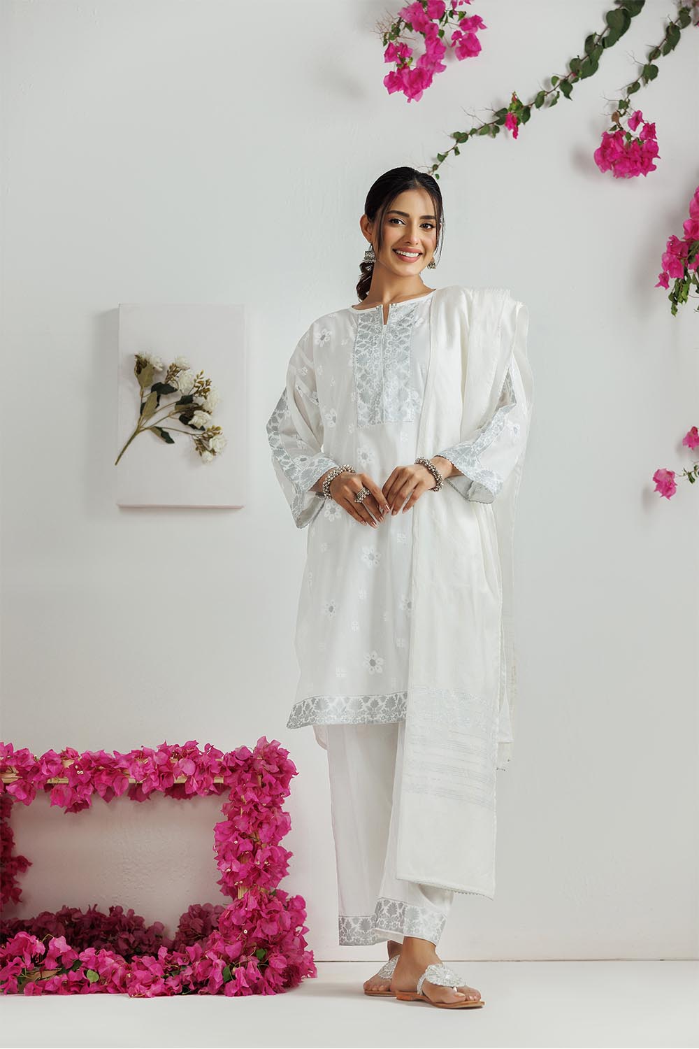 SN-  White & Silver | Casual 3 Piece Suit | Cotton Lawn Printed