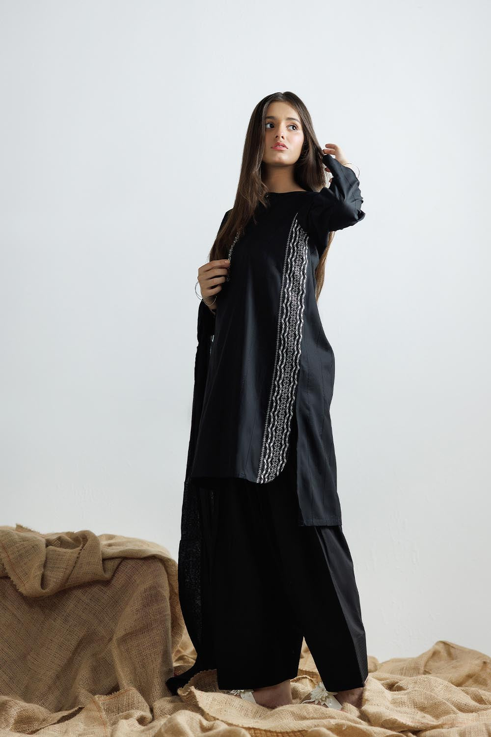 SENORITA GAD-03111 | Black & White | Casual 3 Piece Suit | Plain Cotton