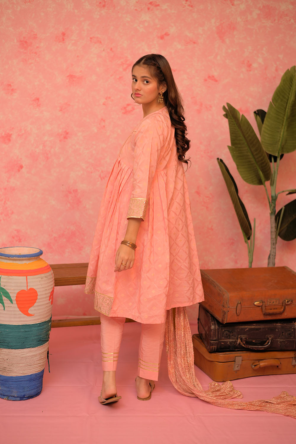 SN-02899 | Peach & Gold | Casual Plus 3 Piece Suit | Viscose Filament Jacquard