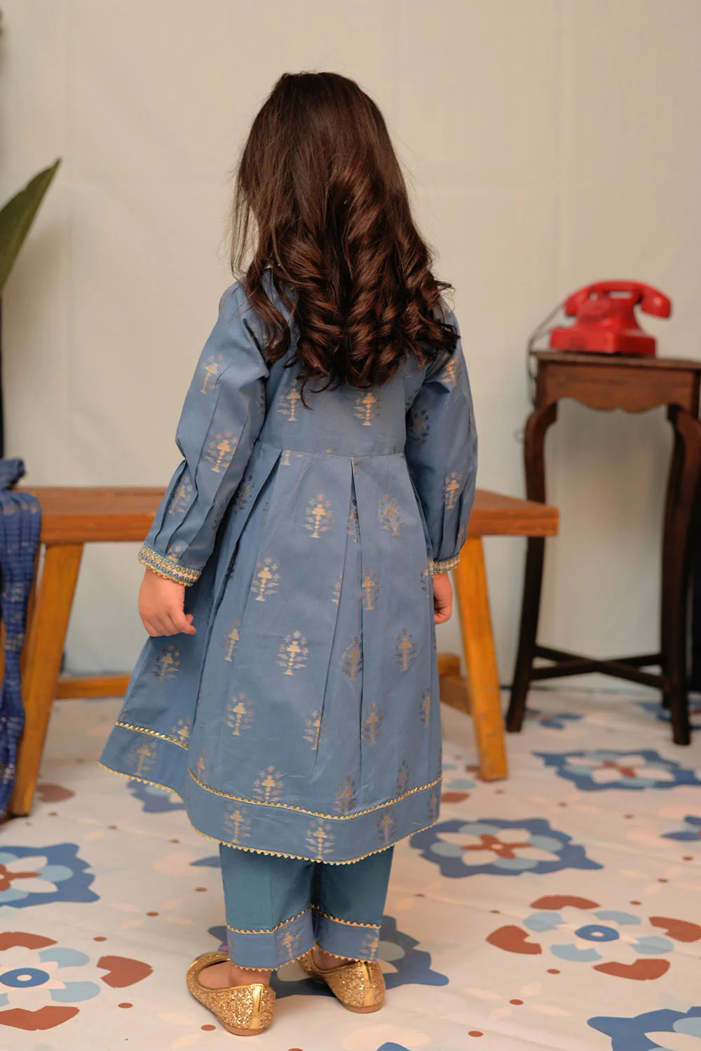 SN-02857 | Blue & Gold | Casual Plus 3 Piece Suit | Cotton Jacquard
