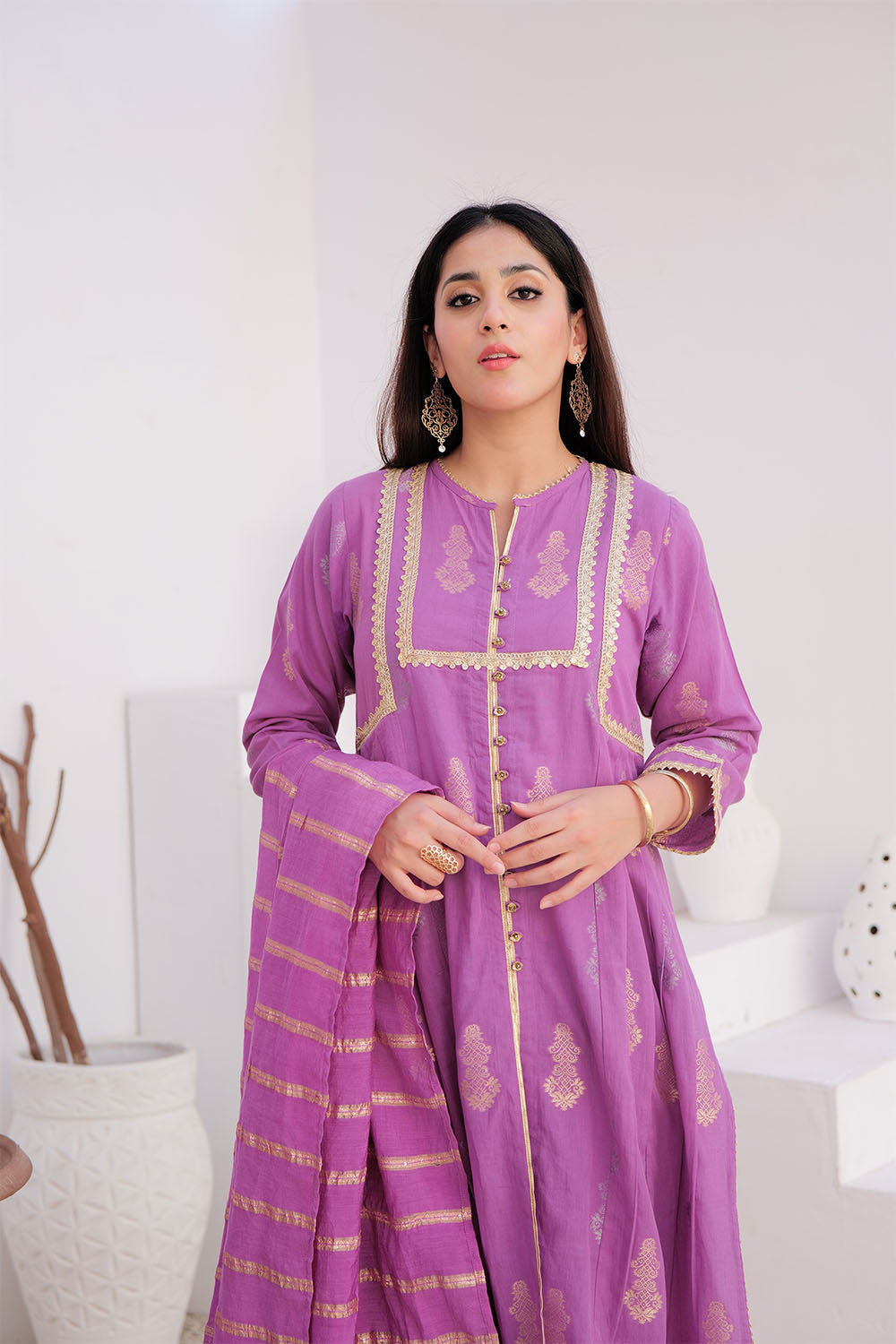 SN-02894 | Purple & Gold | Casual Plus 3 Piece Suit | Cotton Jacquard