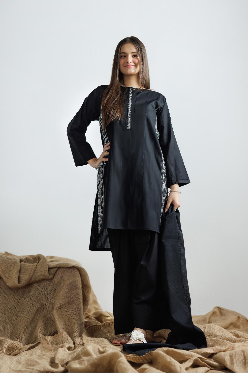 SENORITA GAD-03111 | Black & White | Casual 3 Piece Suit | Plain Cotton