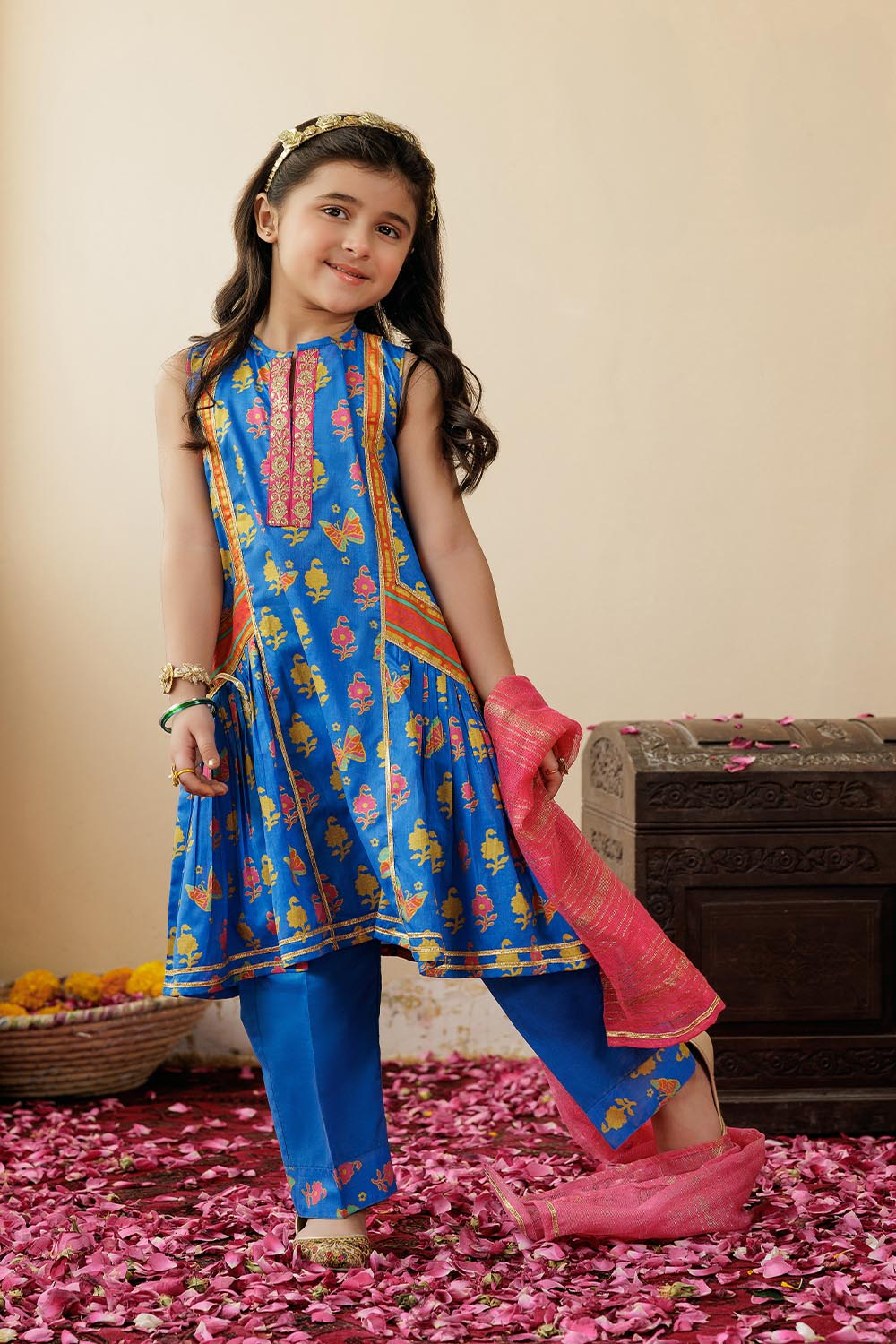 SN-02982 | Blue & Multicolor | Casual Plus 3 Piece Suit | Cotton Gold Printed