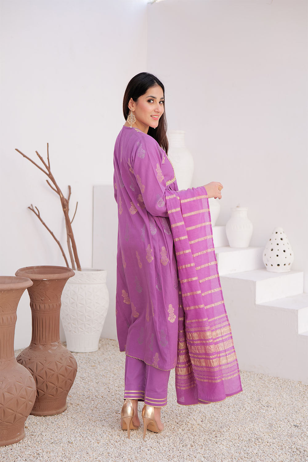 SN-02894 | Purple & Gold | Casual Plus 3 Piece Suit | Cotton Jacquard