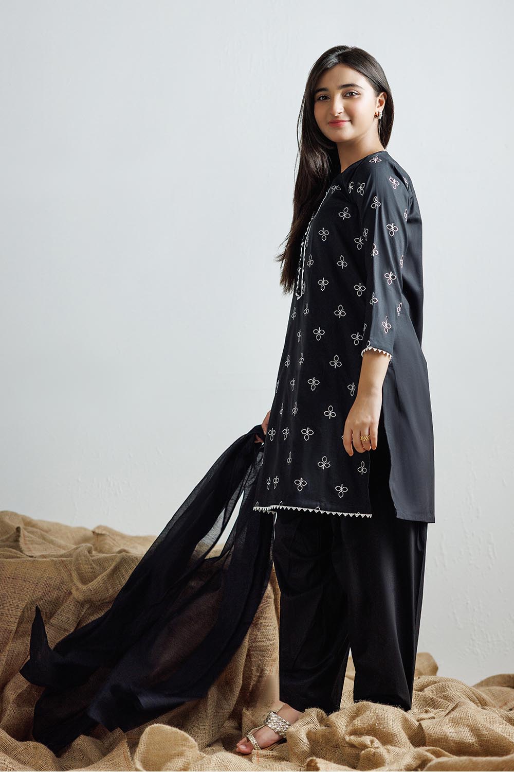 SENORITA GAD-03075 | Black & White | Casual 3 Piece Suit | Cotton Plain Cotton