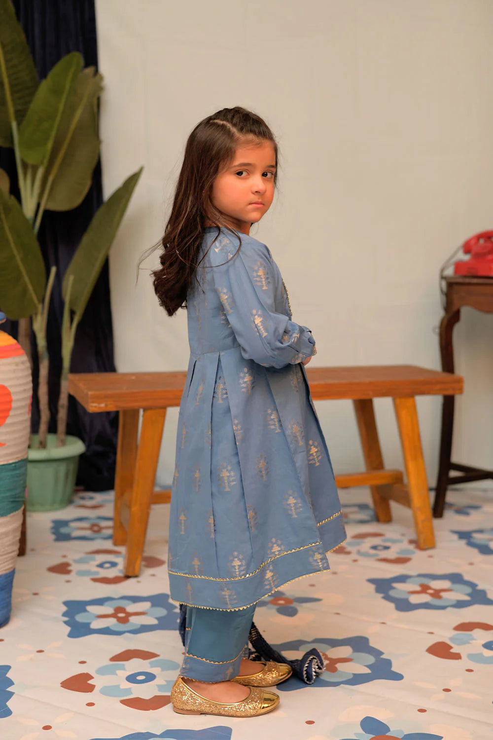 SN-02857 | Blue & Gold | Casual Plus 3 Piece Suit | Cotton Jacquard