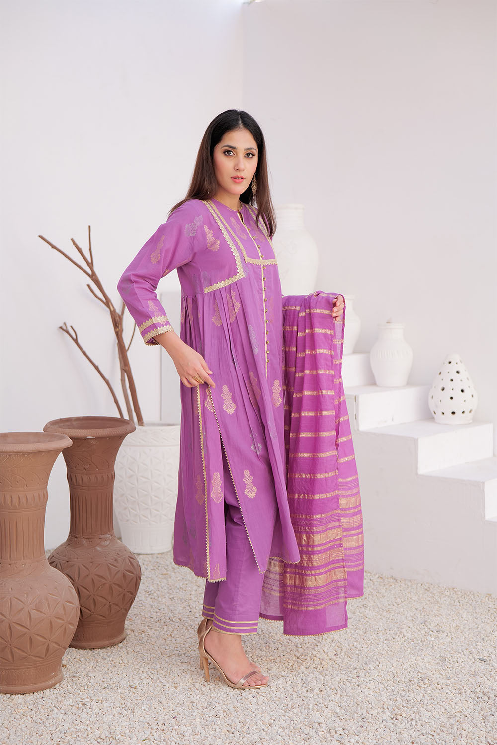 SN-02894 | Purple & Gold | Casual Plus 3 Piece Suit | Cotton Jacquard