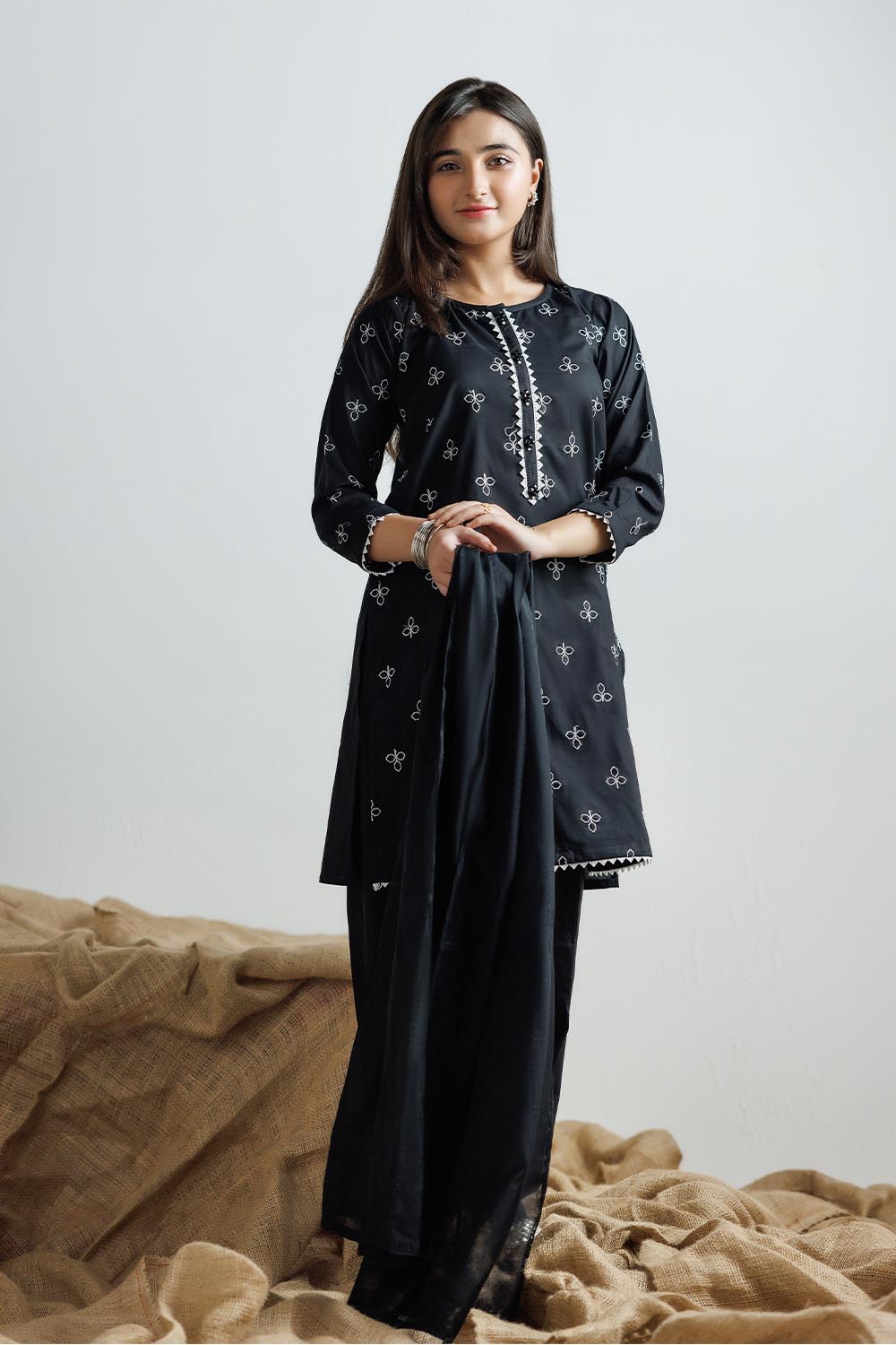 SENORITA GAD-03075 | Black & White | Casual 3 Piece Suit | Cotton Plain Cotton