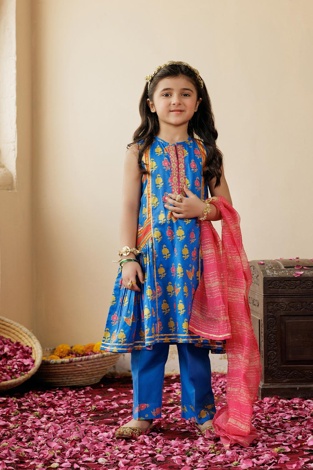 SN-02982 | Blue & Multicolor | Casual Plus 3 Piece Suit | Cotton Gold Printed