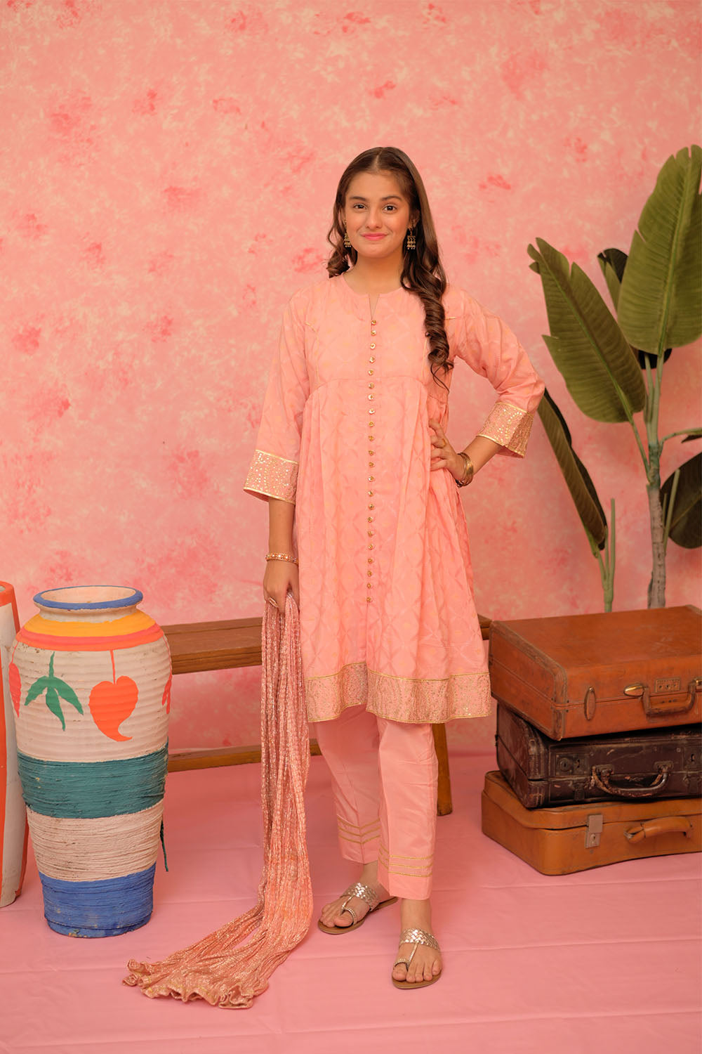 SN-02899 | Peach & Gold | Casual Plus 3 Piece Suit | Viscose Filament Jacquard