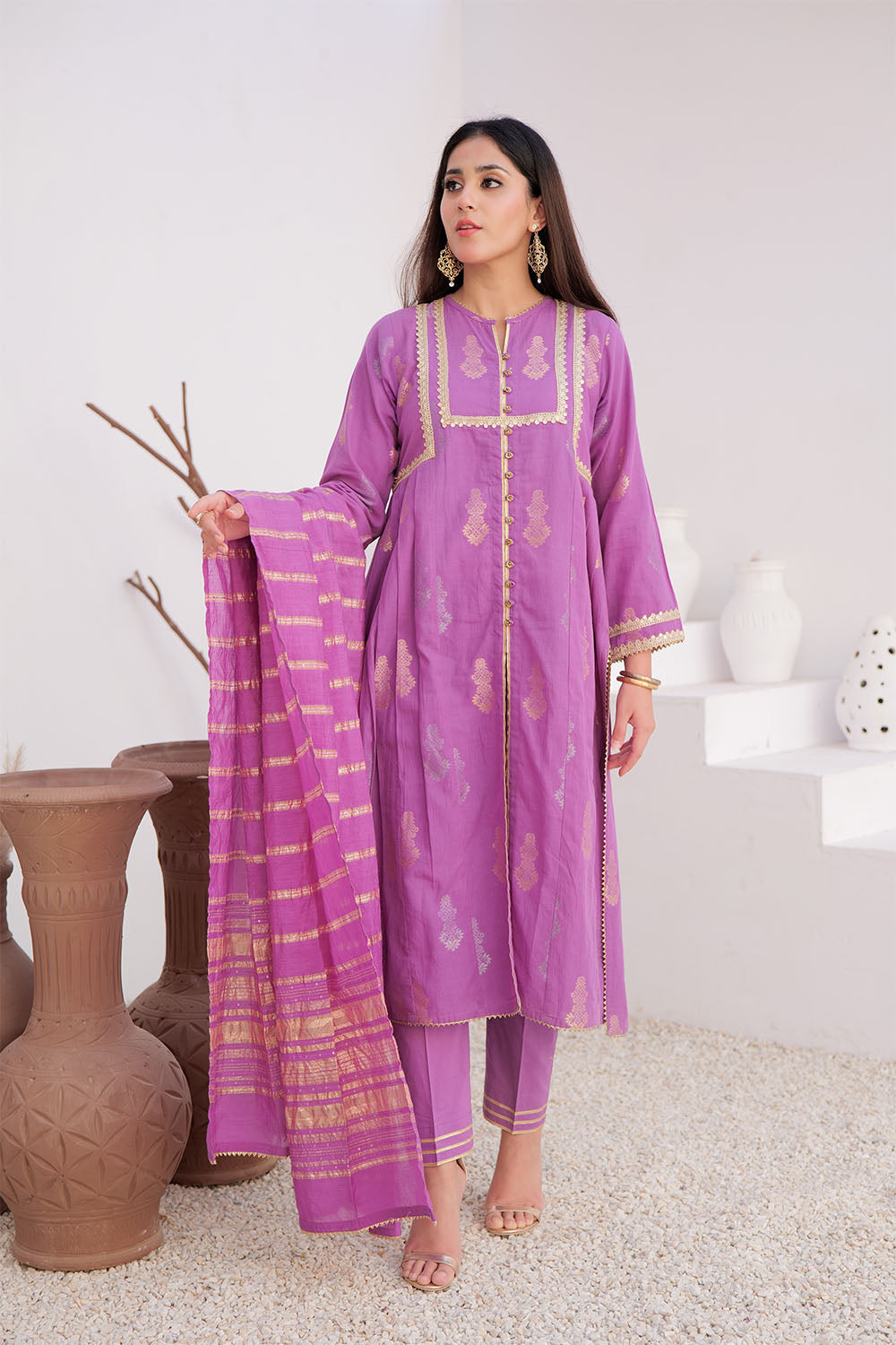SN-02894 | Purple & Gold | Casual Plus 3 Piece Suit | Cotton Jacquard