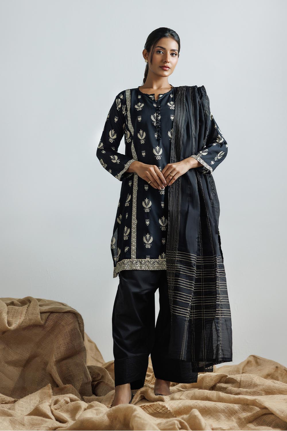 SENORITA LAD-03122 | Black & Fawn | Casual 3 Piece Suit | Cotton Printed Lawn