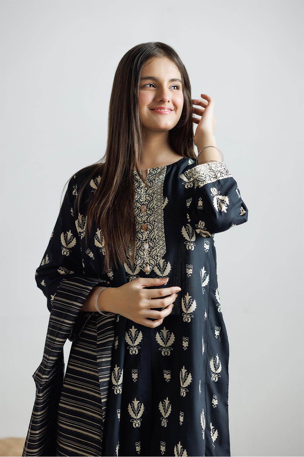 SENORITA GAD-03160 | Black & Fawn | Casual 3 Piece Suit | Cotton Lawn Printed