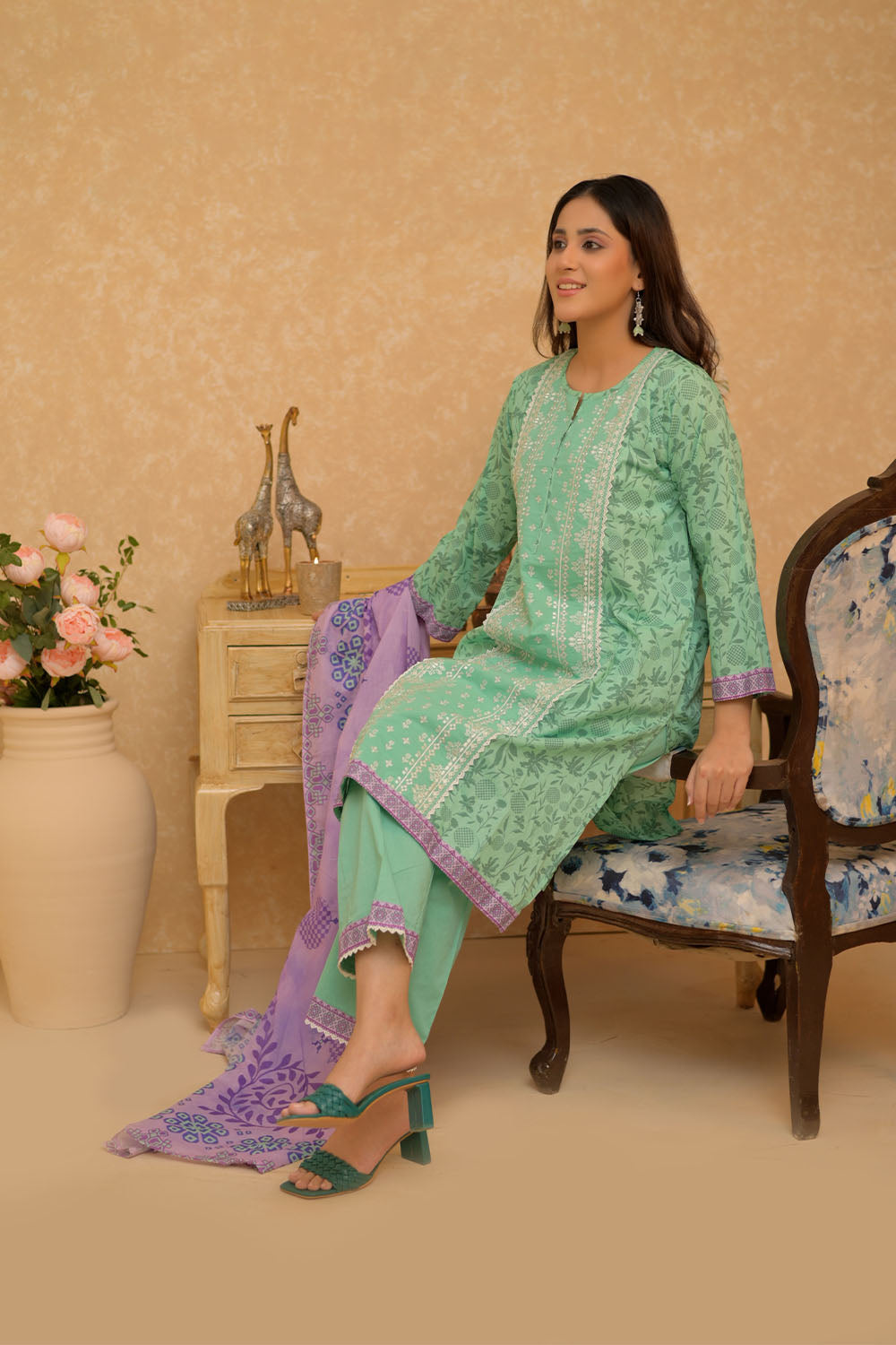 SN-02731 | Sea Green & Multicolor | Casual 3 Piece Suit | Cotton Lawn Printed