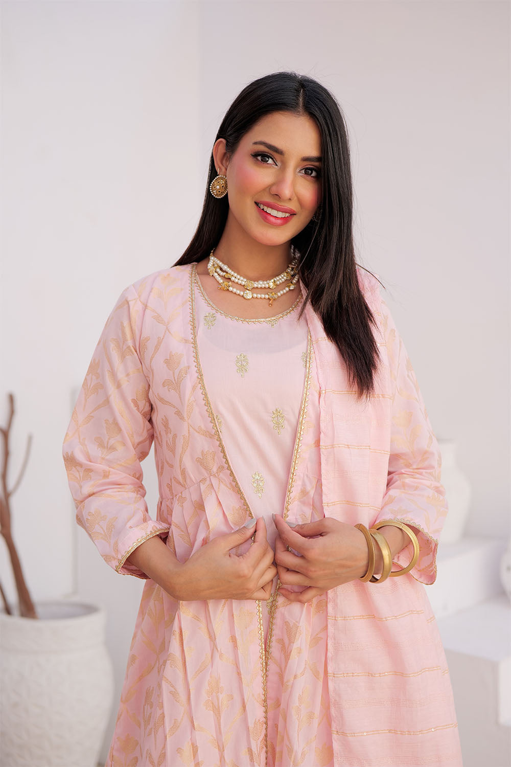 SN-02906 | Pink & Gold | Casual Plus 3 Piece Suit | Cotton Jacquard