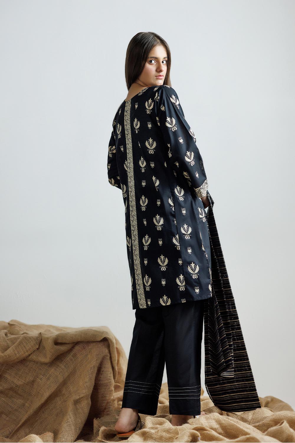 SENORITA GAD-03160 | Black & Fawn | Casual 3 Piece Suit | Cotton Lawn Printed