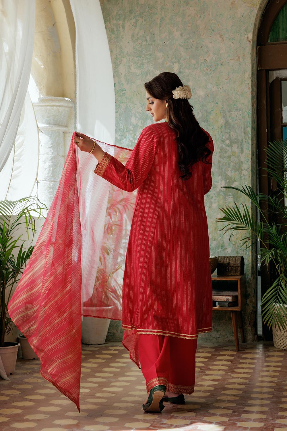 SN-02974 | Red & Gold | Casual Plus 3 Piece Suit | Cotton Dobby
