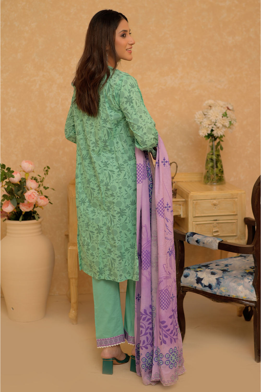 SN-02731 | Sea Green & Multicolor | Casual 3 Piece Suit | Cotton Lawn Printed
