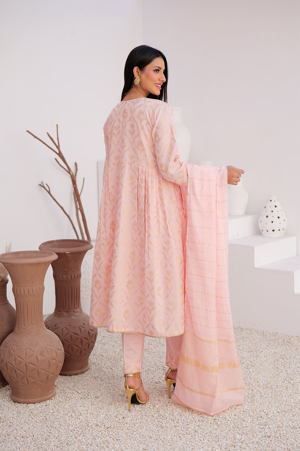 SN-02906 | Pink & Gold | Casual Plus 3 Piece Suit | Cotton Jacquard